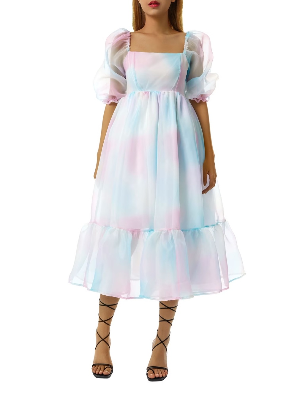 Pastel Puff Sleeve Midi Dress - Sheer Organza